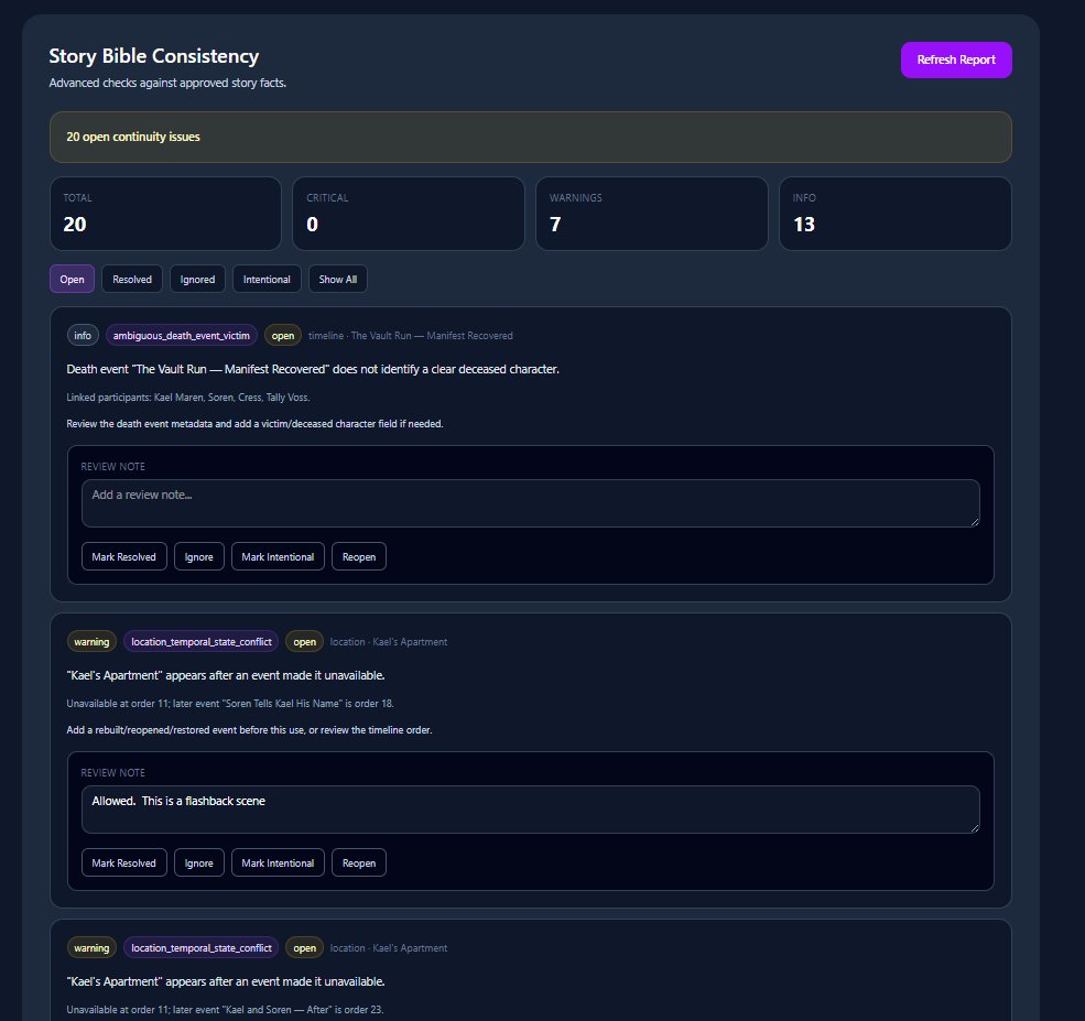 Story Bible Consistency report: 20 open issues including location temporal state conflicts, timeline warnings, and ambiguous death events — each reviewable with notes
