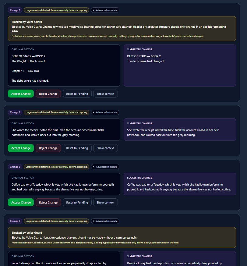 Review Changes screen: Voice Guard blocks a large rewrite, showing original vs suggested side-by-side with Accept, Reject, and Reset to Pending controls
